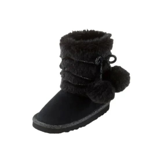 The Children's Place Toddler Girls Chalet Boot Lined Winter Pom-Pom Boot Black 7 - Picture 2 of 5